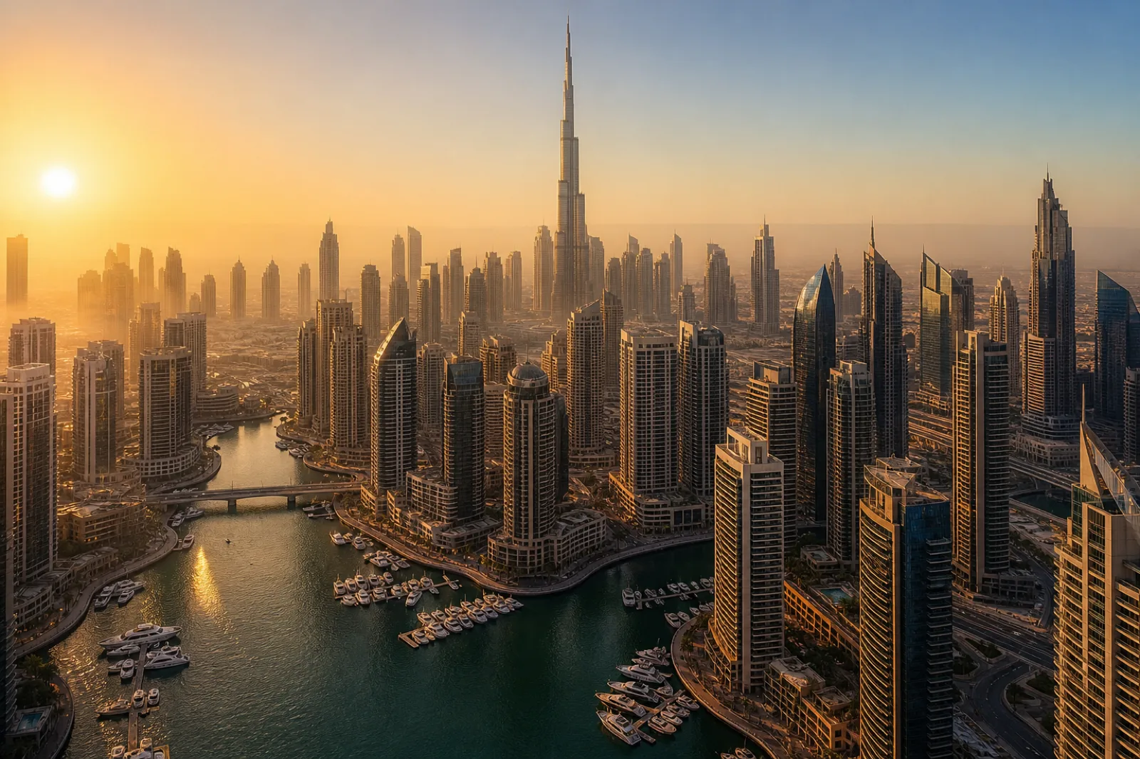 Dubai by private jet — the Marina skyline and the Burj Khalifa