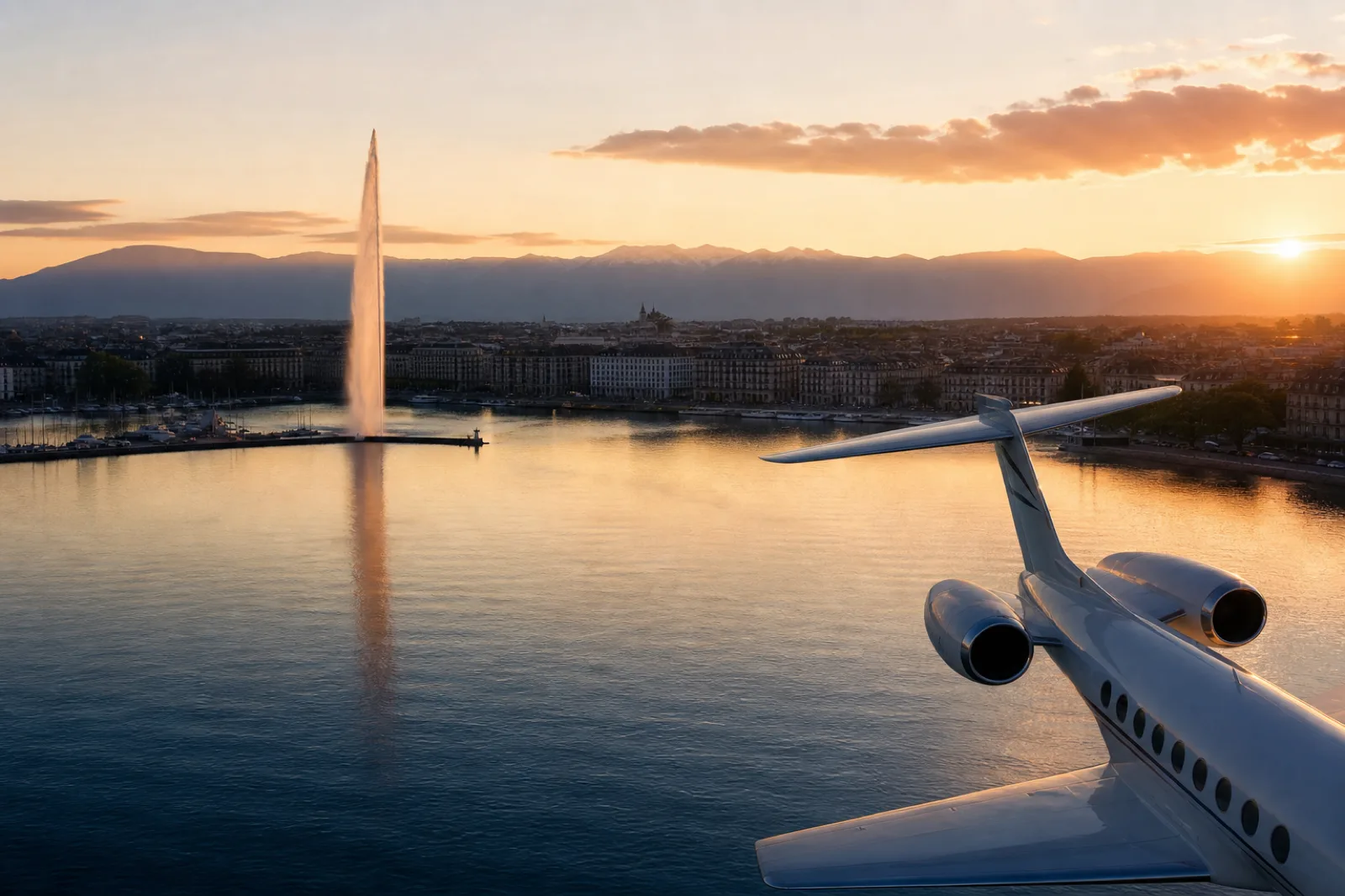 Geneva by private jet — the Jet d’Eau fountain on Lake Geneva