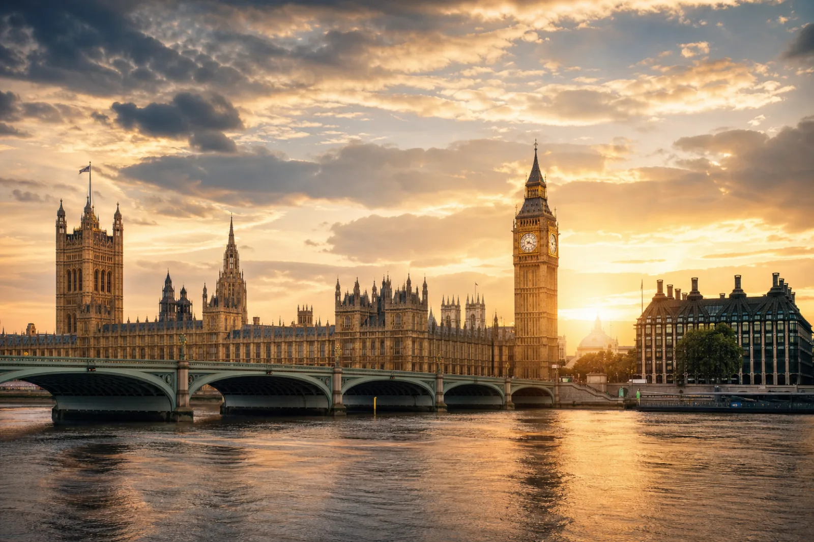 London by private jet — Big Ben and Parliament beside the Thames