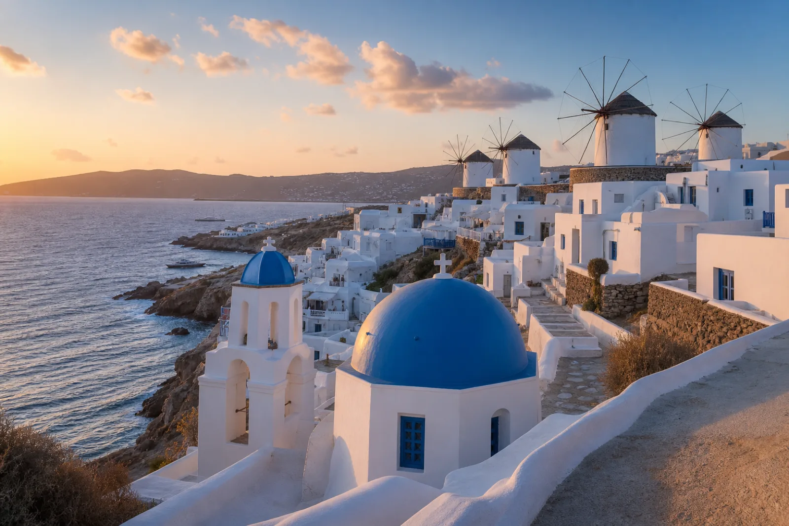 Mykonos by private jet — the white Cycladic windmills
