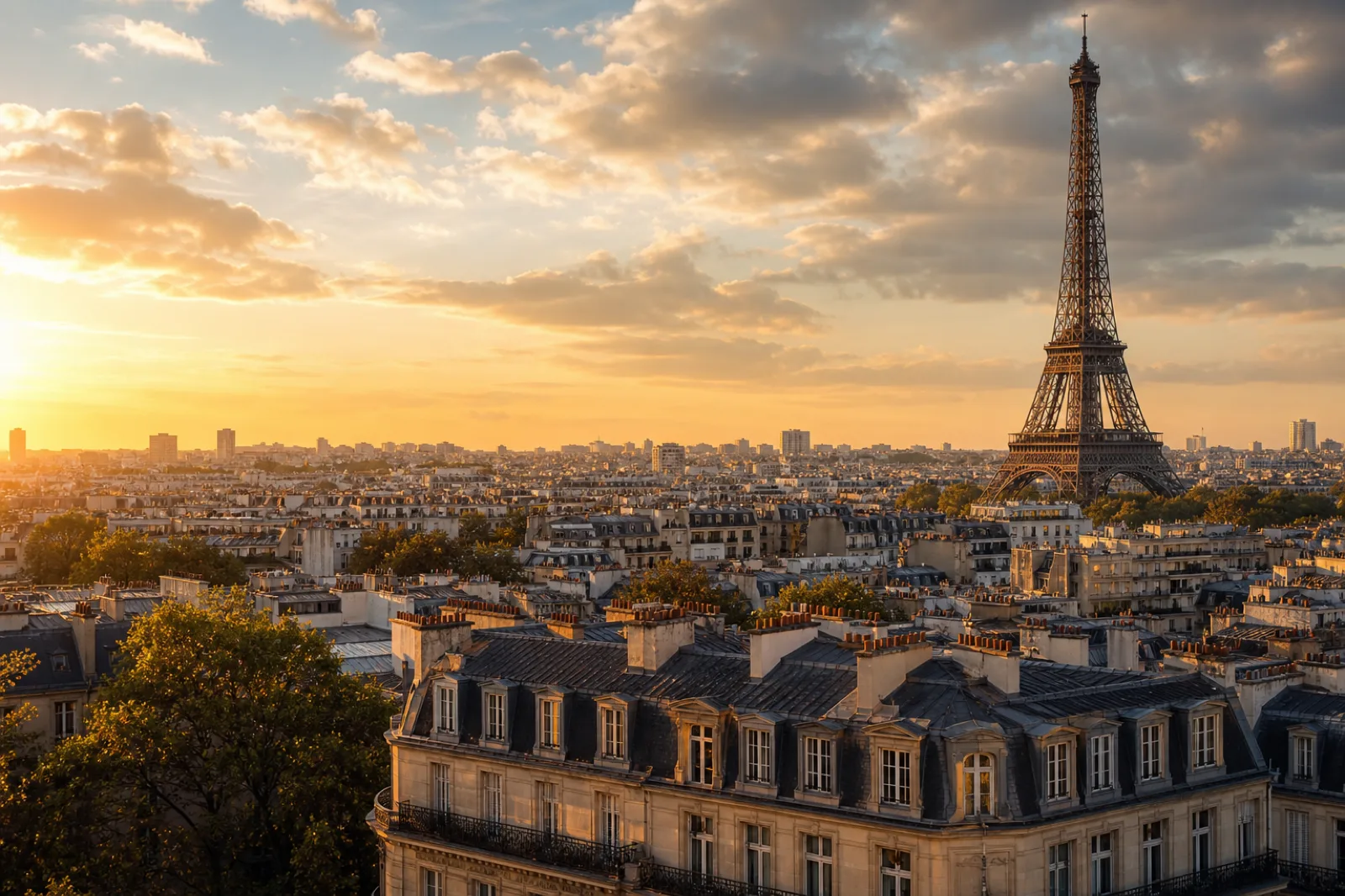 Paris by private jet — the Eiffel Tower and Haussmann rooftops at sunset