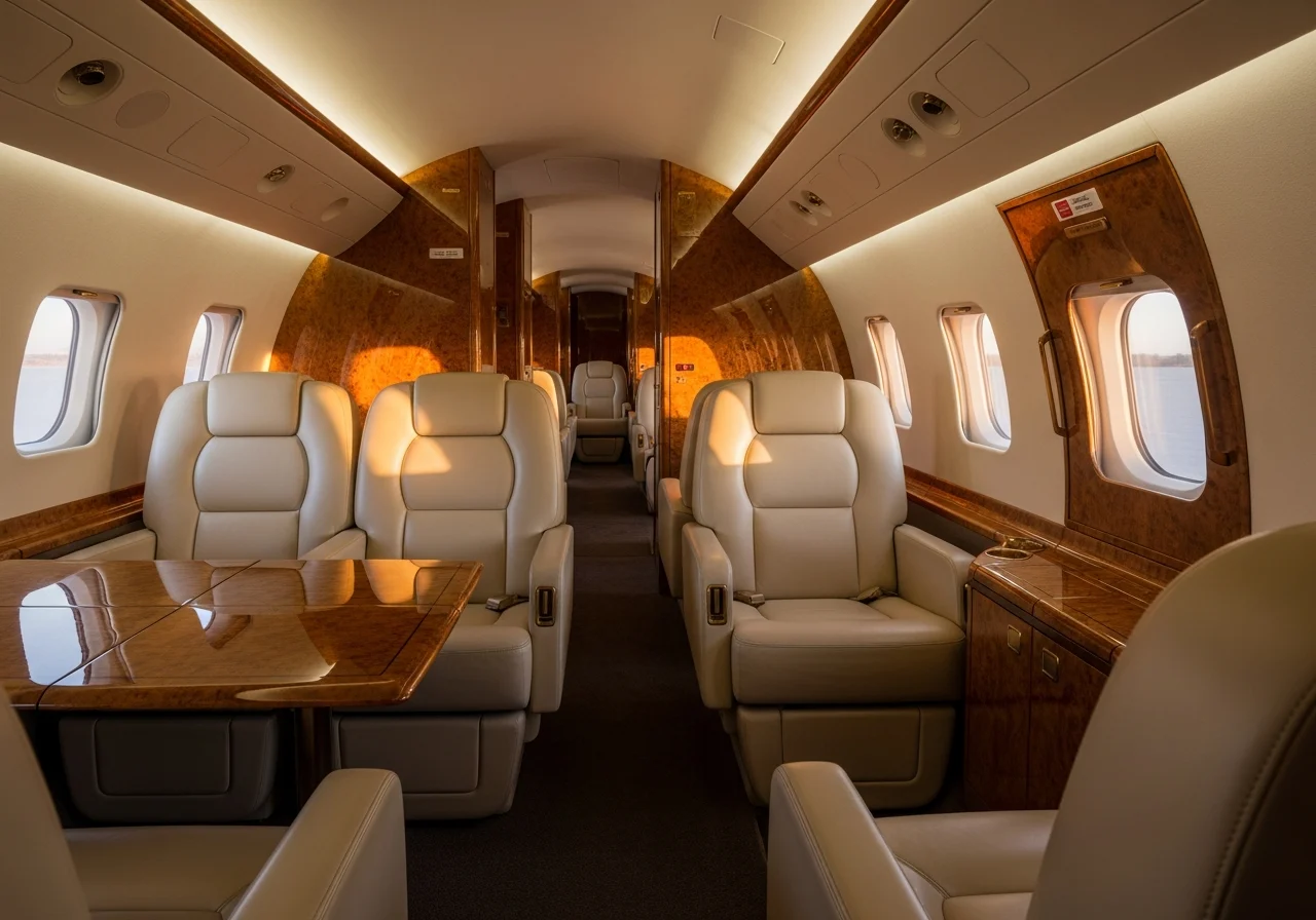 Private jet cabin interior at altitude